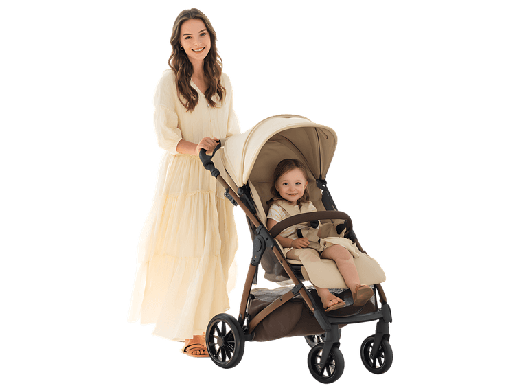 Happy mom walks with her baby girl in a modern stroller.