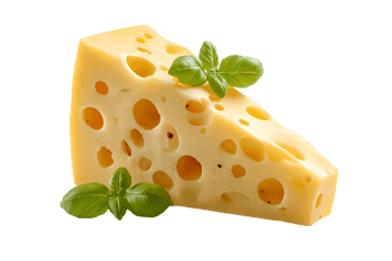 A wedge of Swiss cheese with basil
