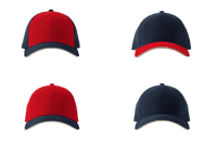 Trucker and classic baseball cap mockups in red and navy blue.