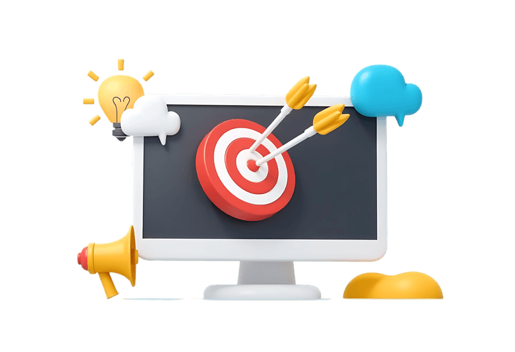 3D illustration of computer screen with target, lightbulb, and megaphone representing digital marketing strategy