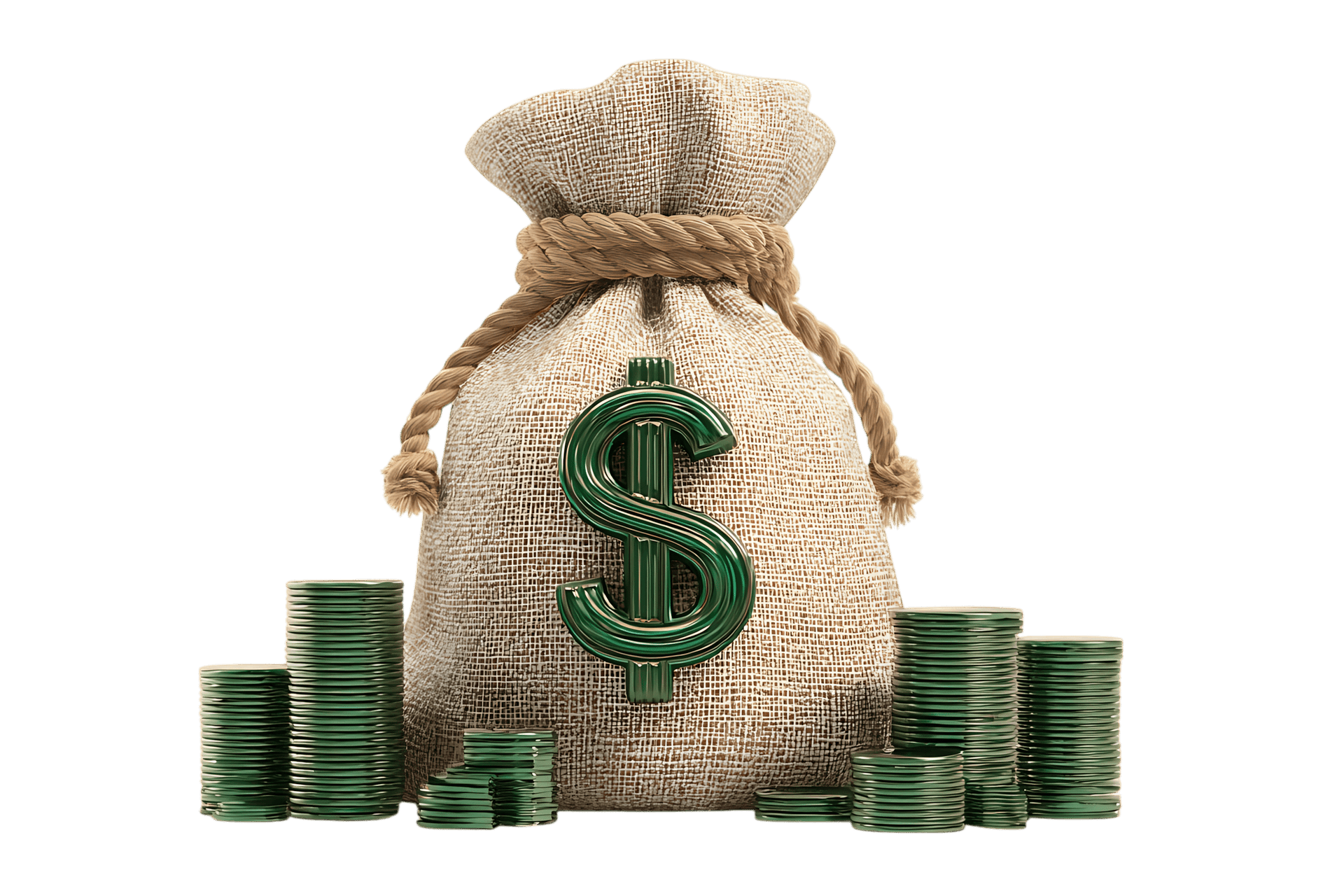 A burlap sack of money with dollar sign and stacks of coins.
