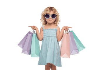 Adorable child with shopping bags, happy shopping concept.