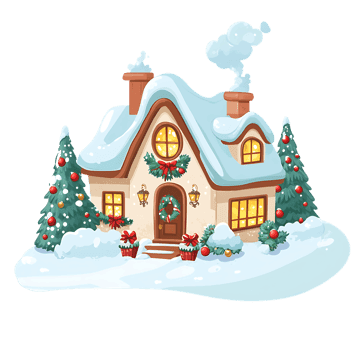 Charming snow covered cottage, Christmas lights, festive decor.