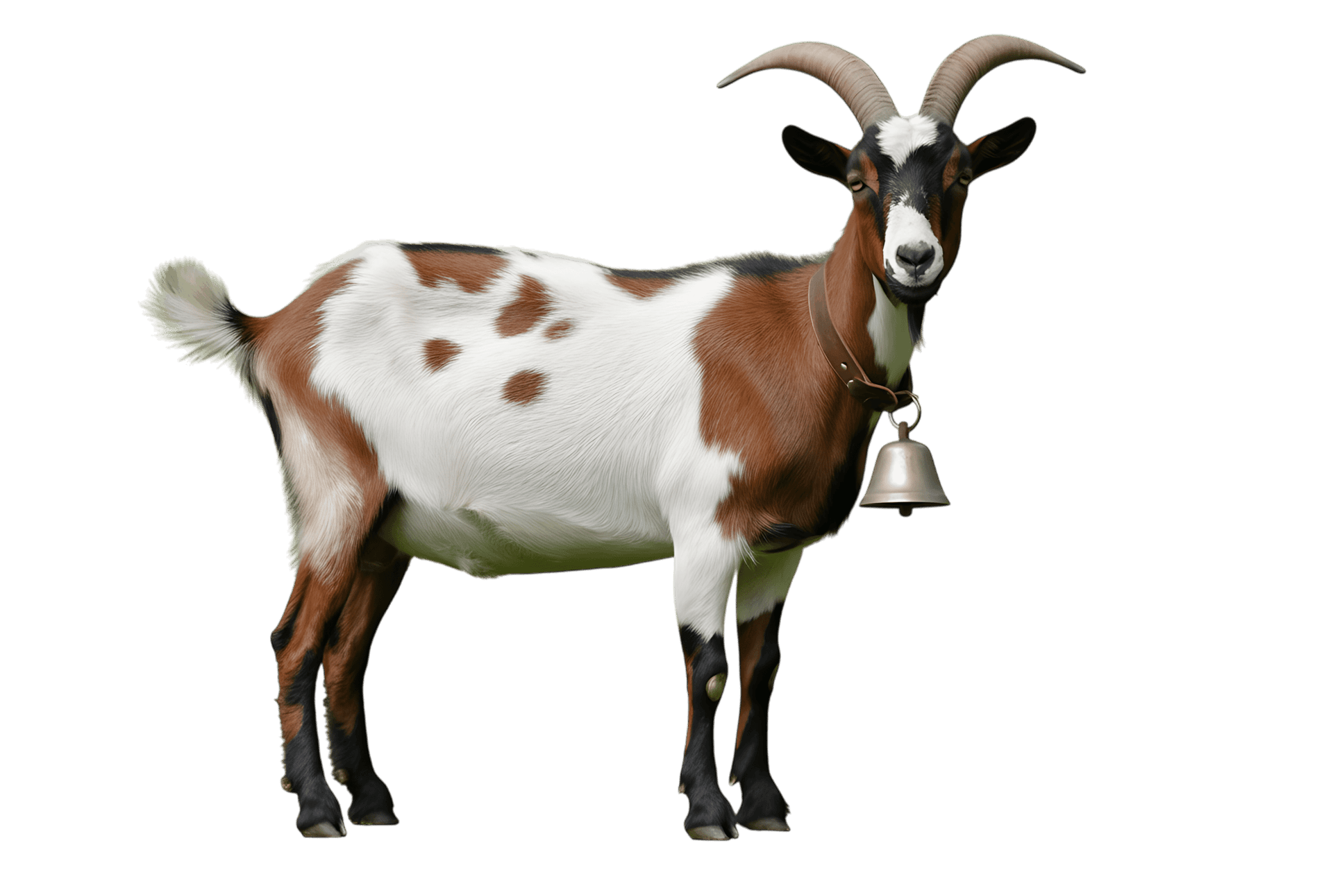 Brown and white goat with bell