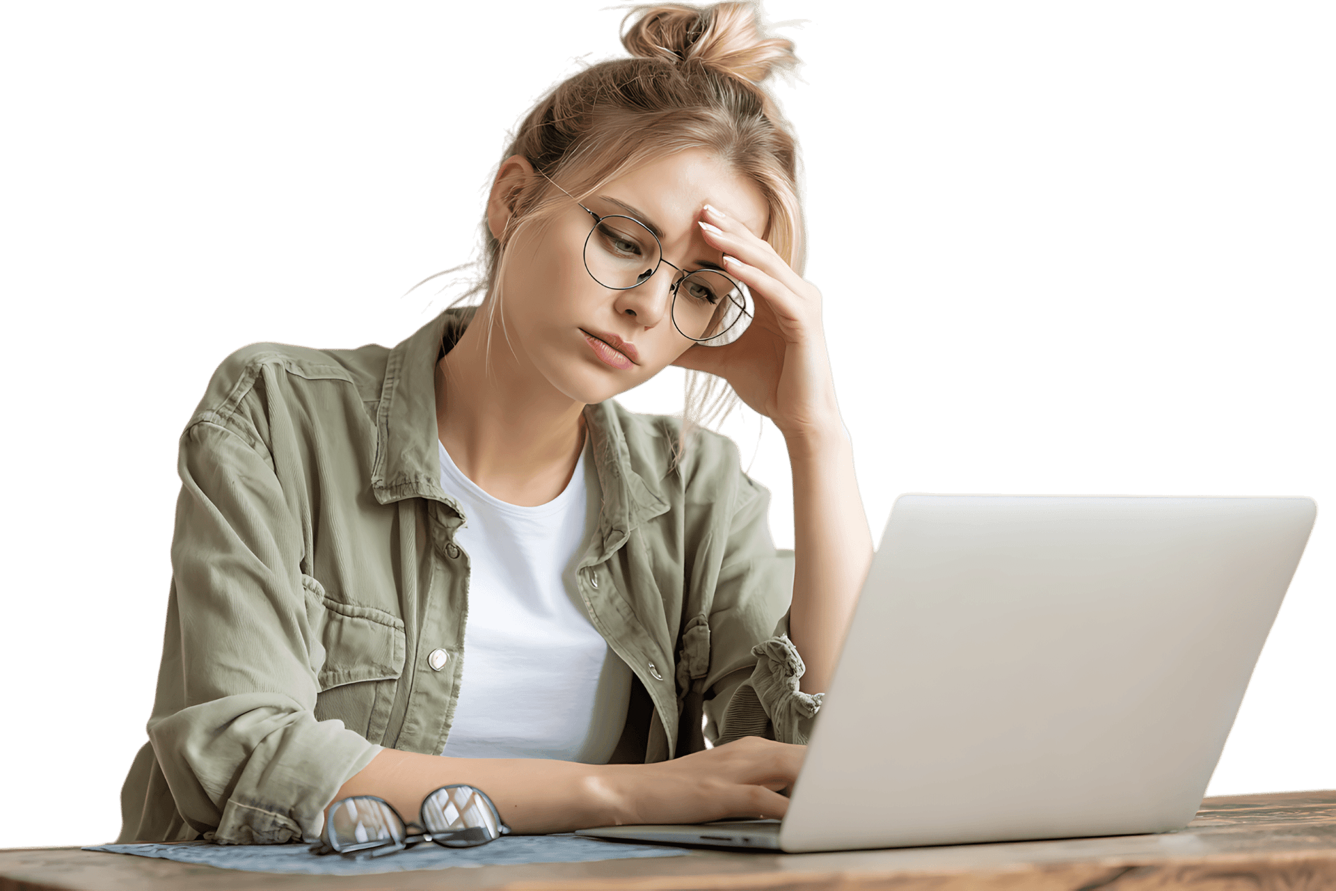 Tired woman working on laptop, feeling stressed
