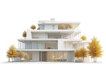 Modern white house with large windows and trees