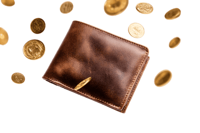 Brown leather wallet with gold coins falling