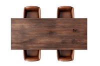 Overhead shot of a rustic wooden table with four brown leather chairs.