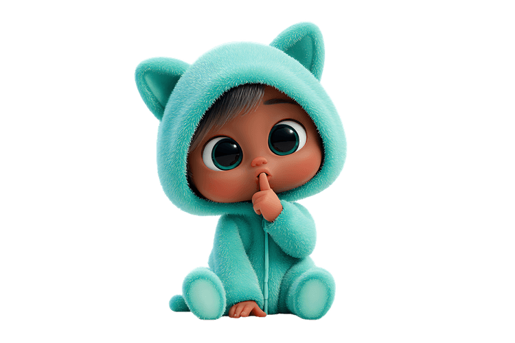 Adorable baby in a turquoise outfit asks for silence