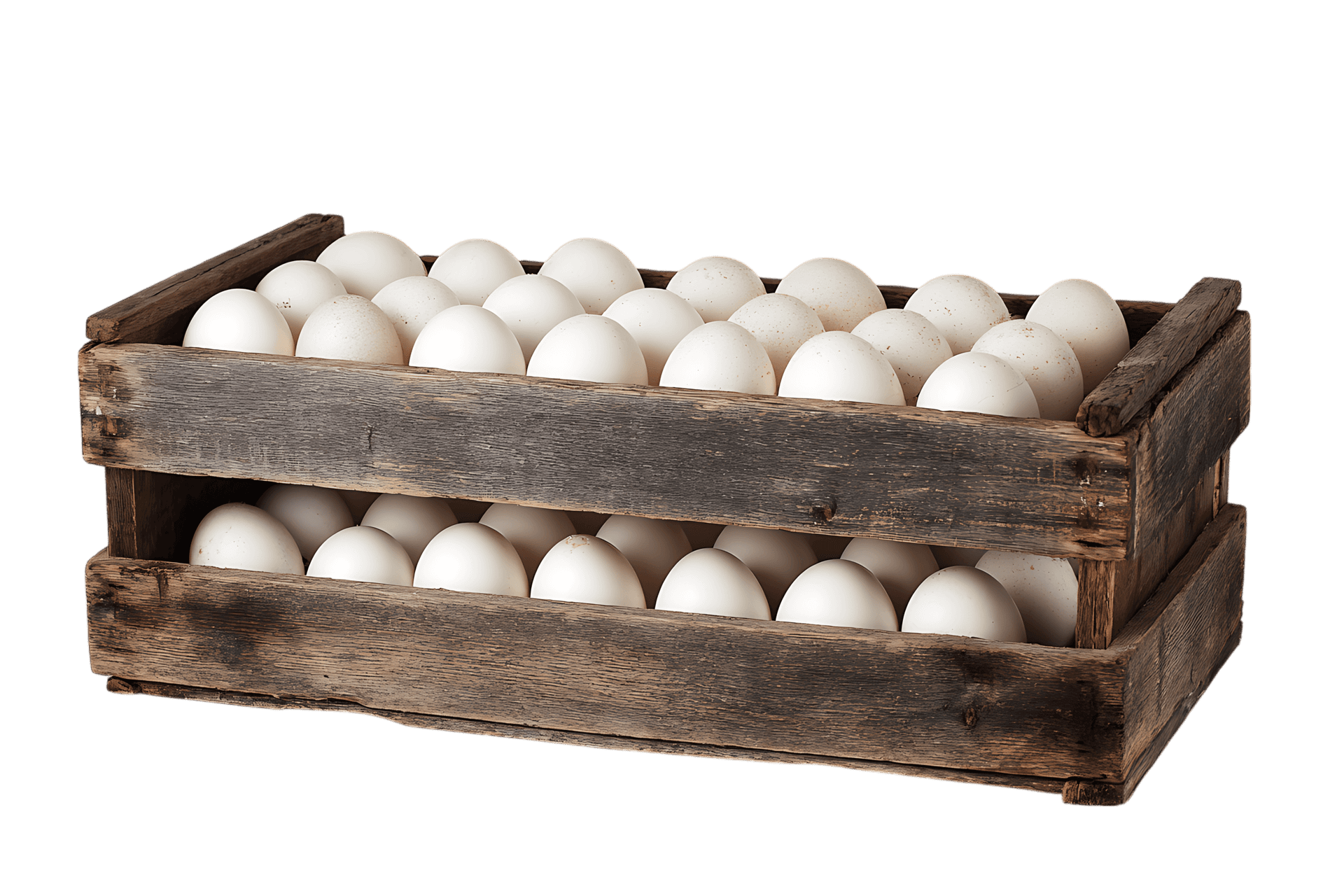 Fresh white eggs in a rustic wooden crate.