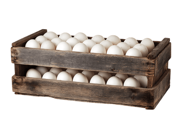 Fresh white eggs in a rustic wooden crate.