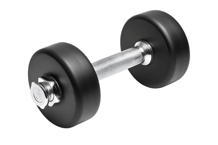 Close up of a single black dumbbell.