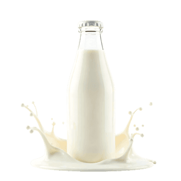 Glass bottle of milk with white splash on light background, representing freshness and dairy products