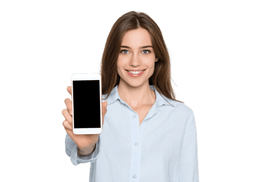 Smiling woman showing blank smartphone screen.