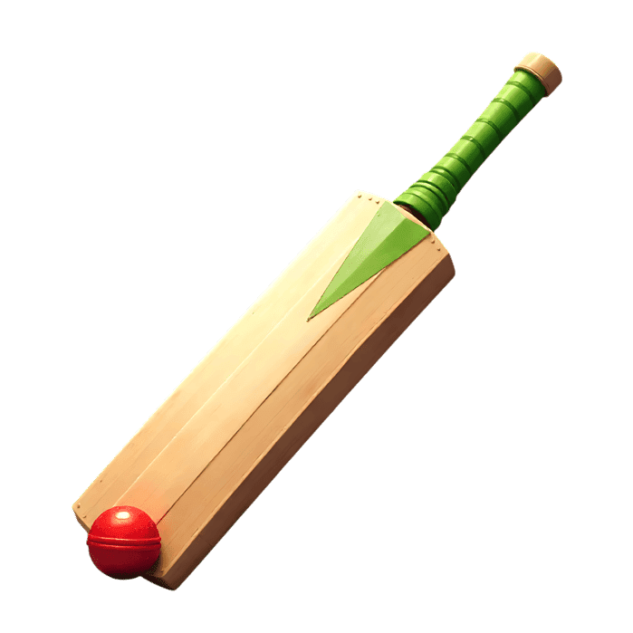 Cricket bat with green handle and red ball isolated on white background, essential equipment for the sport