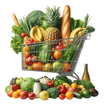 Full shopping cart of fresh fruits, vegetables, and bread.