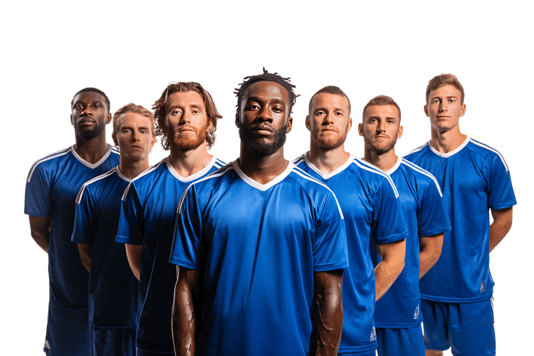 Diverse soccer team in blue jerseys, ready for the game. Teamwork, sportsmanship.