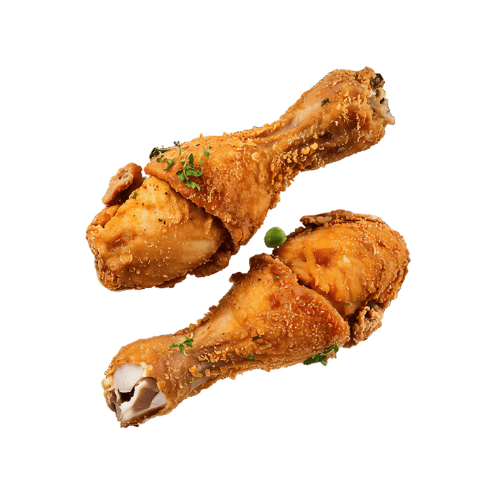 Two golden brown, crispy fried chicken drumsticks, seasoned and ready to eat.