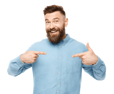 Happy man points at himself.