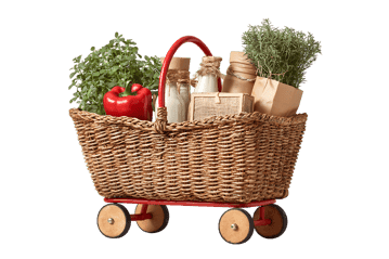 Grocery basket with fresh vegetables and other goods on wheels.