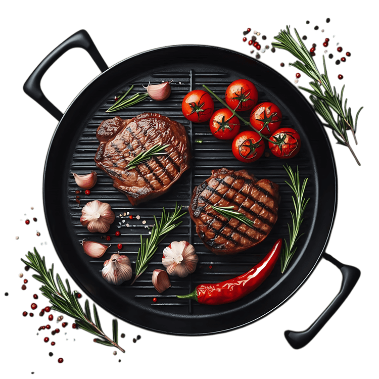 Grilled steaks with rosemary, garlic, and cherry tomatoes.