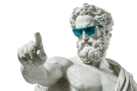 Close up of a marble statue of a Greek god wearing teal sunglasses, pointing finger.