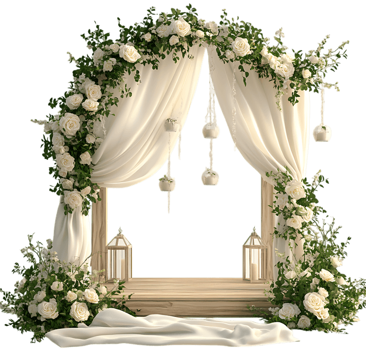 Romantic wedding ceremony backdrop with floral arch and candles.