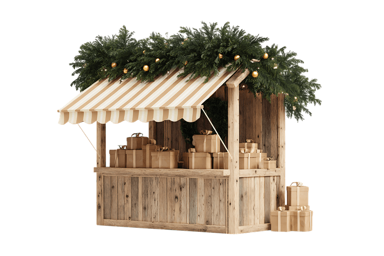 Wooden Christmas market stall with gifts and festive decoration.