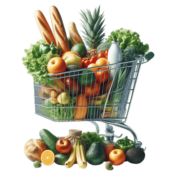 Full shopping cart of fresh produce and groceries.
