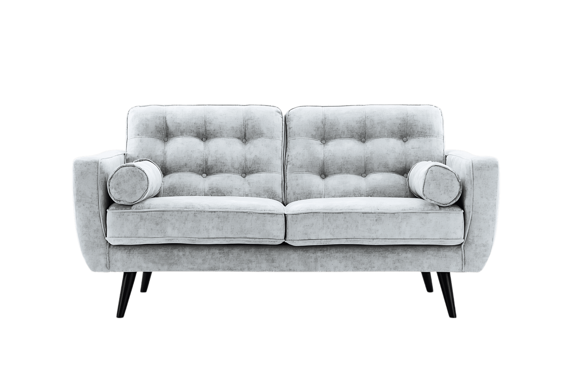 Stylish light grey two seater sofa with button tufting and dark wooden legs