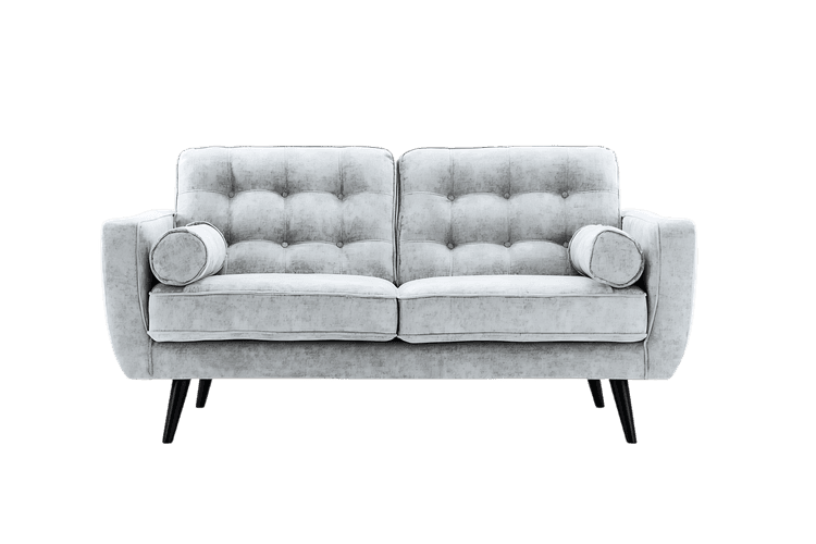 Stylish light grey two seater sofa with button tufting and dark wooden legs