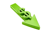 Green arrow pointing down with dollar sign.  Concept of falling prices, economic downturn.