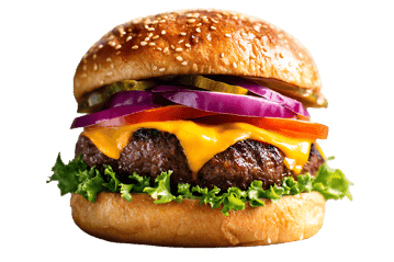 Juicy cheeseburger with melted cheese, lettuce, tomato, onion, and pickles.