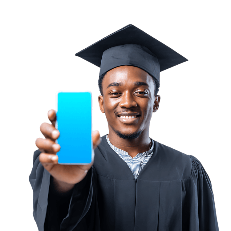 Happy man in graduation gown holds smartphone with blue screen mockup.
