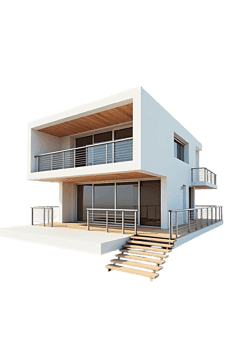 Modern white house with balconies and stairs