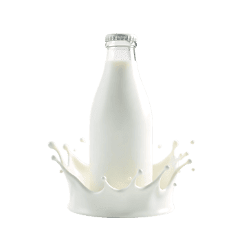 Glass bottle of fresh milk with white splash on white background, dairy product concept