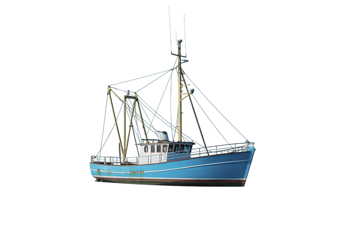 Blue commercial fishing boat on the water