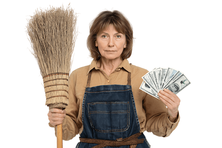 Woman holding broom and money, cleaning service concept