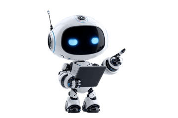 Cute robot holding a tablet and pointing
