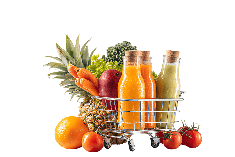 Bottled juices and fresh fruits in a shopping cart. Healthy lifestyle concept.