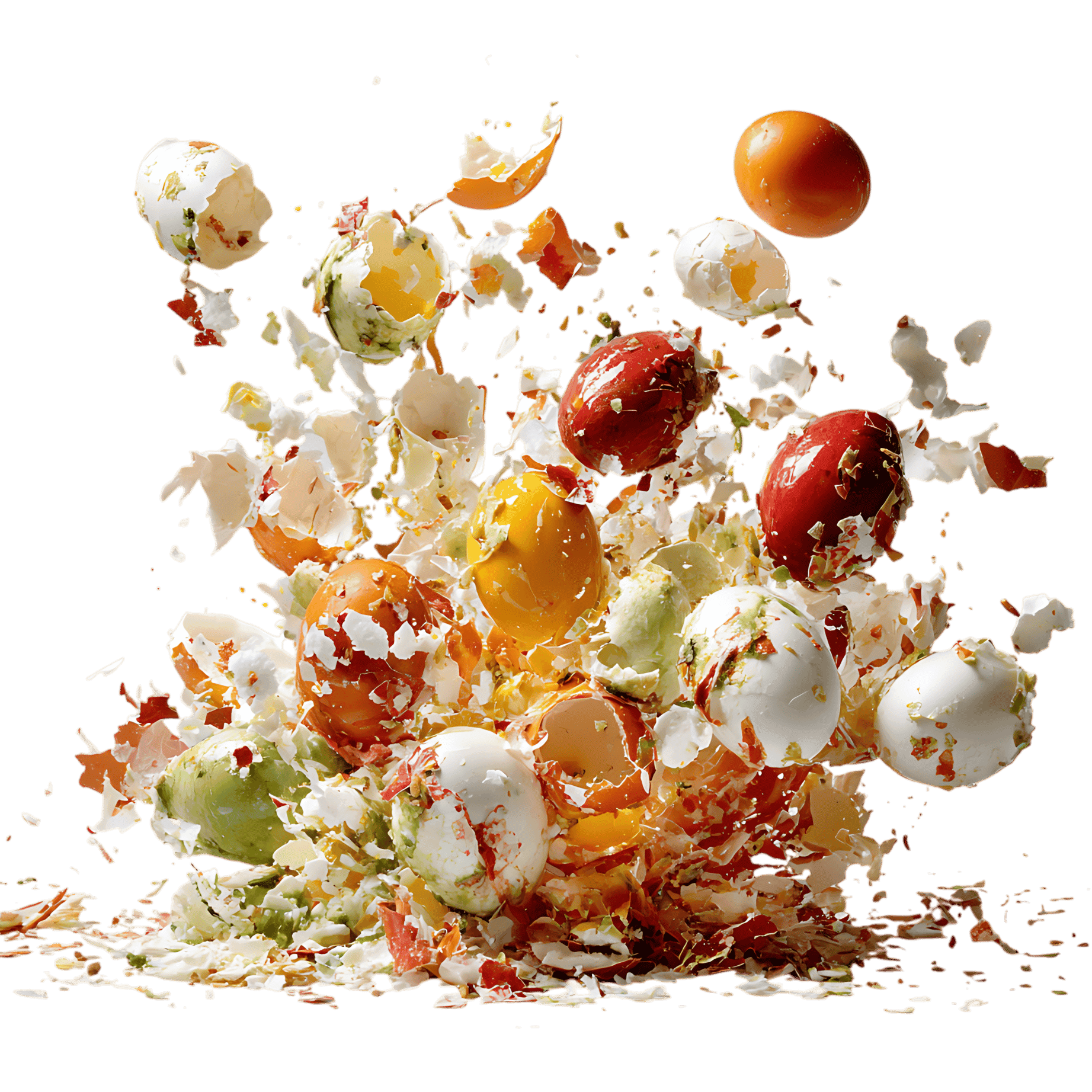 Colorful eggshells explode in mid-air.