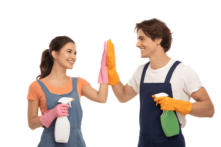 Happy cleaning team giving high five, teamwork concept
