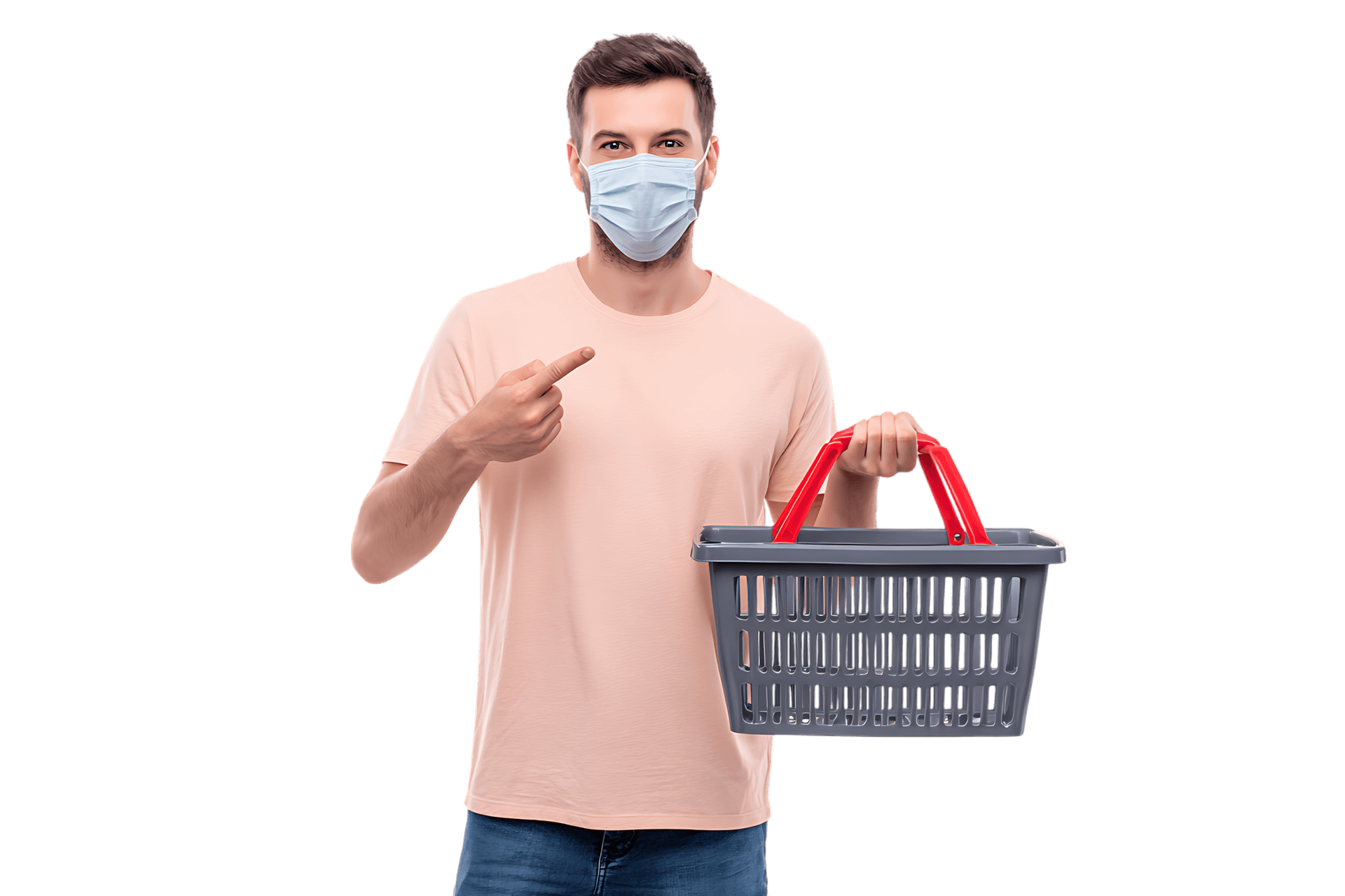 Caucasian man in mask holds shopping basket.