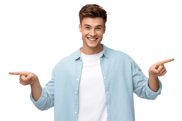 Smiling young man pointing both ways, choice concept.