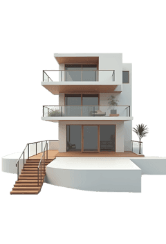 Modern house exterior with balconies and wooden stairs