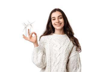 Woman promotes wind power with okay sign.