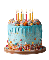 Festive birthday cake with colorful sprinkles and lit candles.