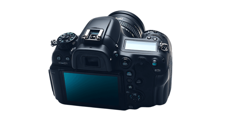 Sleek DSLR camera, rear view.