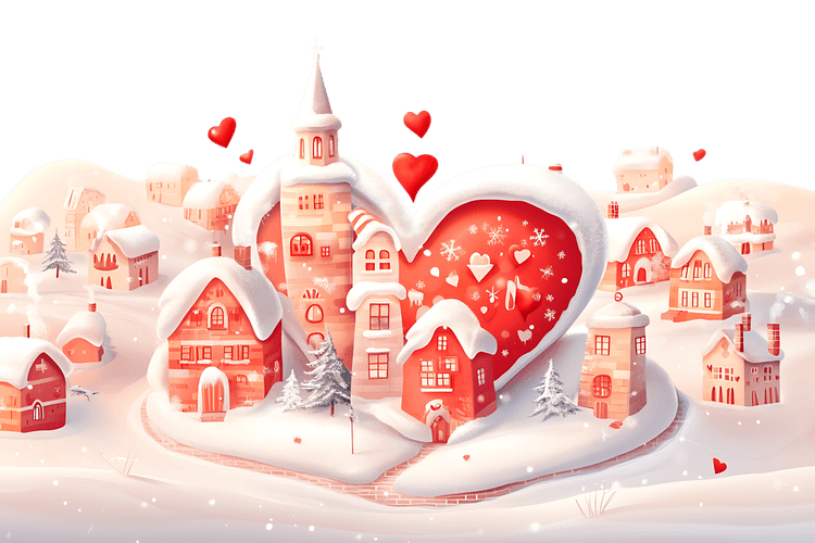 Snowy village nestled in a giant heart.