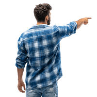 Rear view of man pointing, showing direction. Isolated on black.